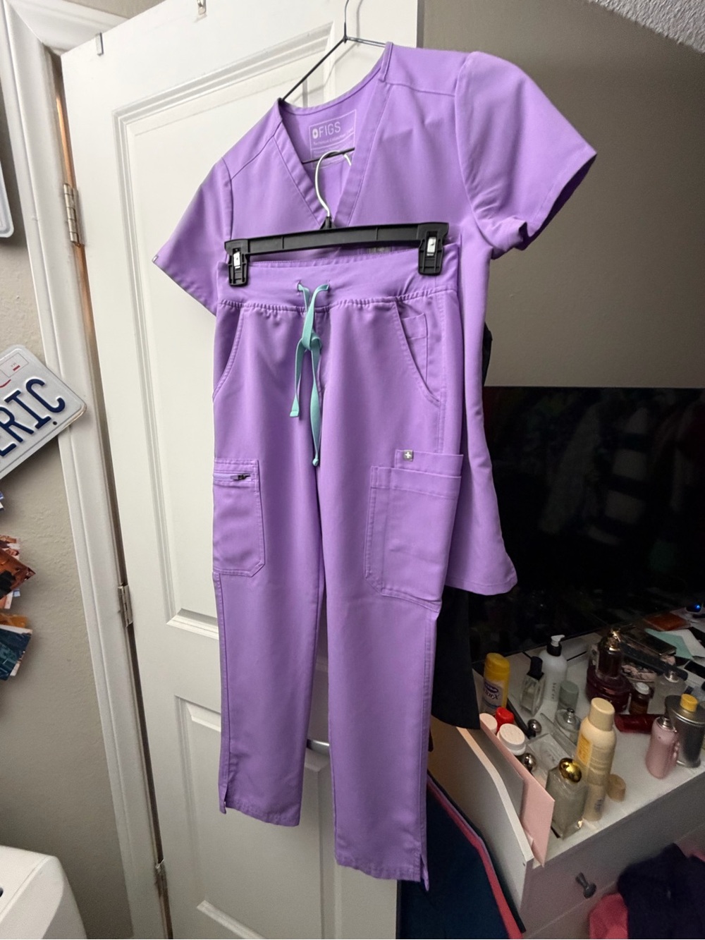 Figs Lavender Straight-Leg Scrub Pants and tops with Mint Drawstring